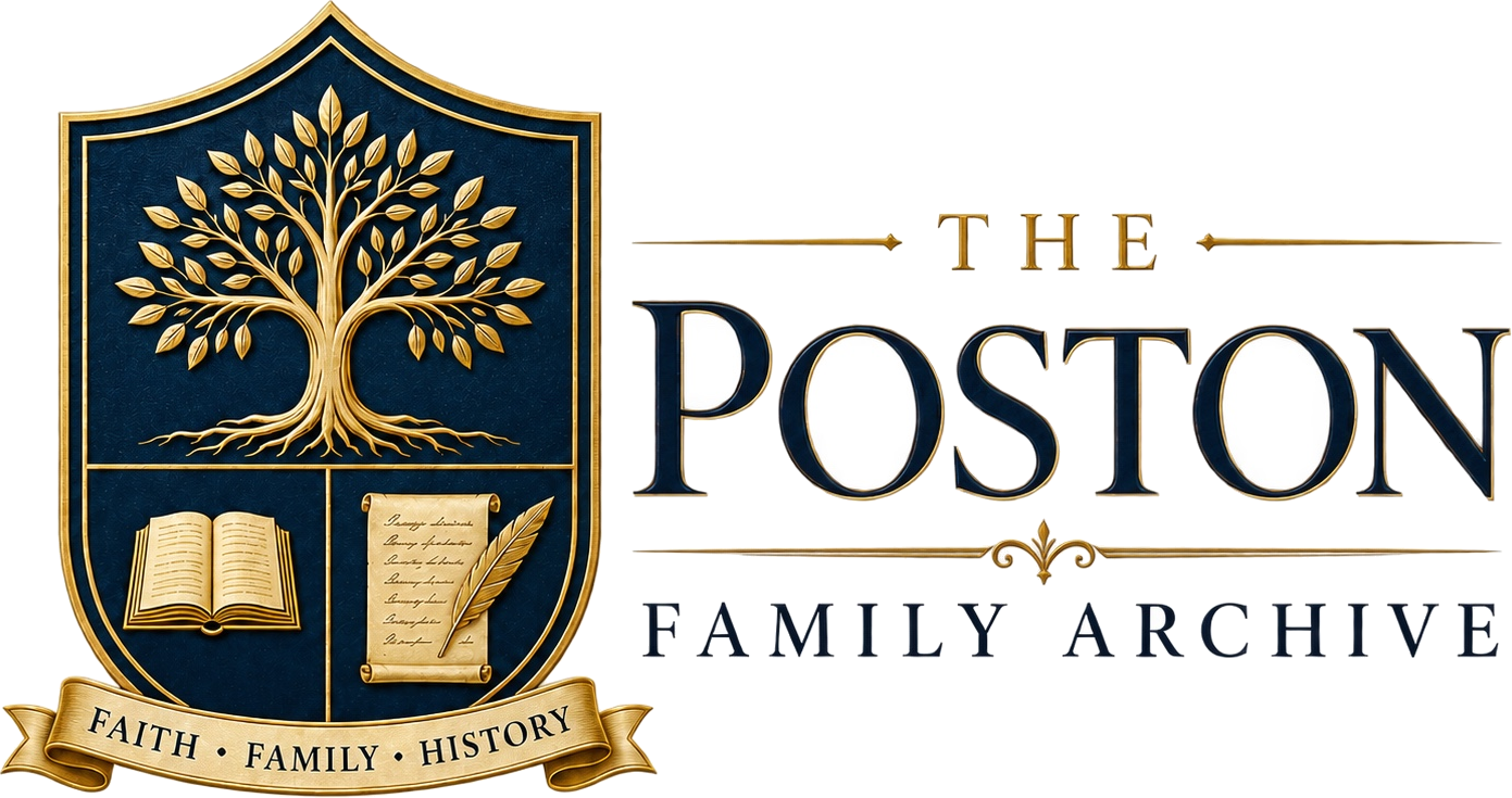The Poston Family Archive emblem and wordmark, with a tree, open book, and quill.