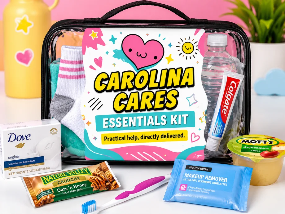 A Carolina Cares Essentials Kit with a clear pouch, water, socks, hygiene items, snacks, and basic care supplies.