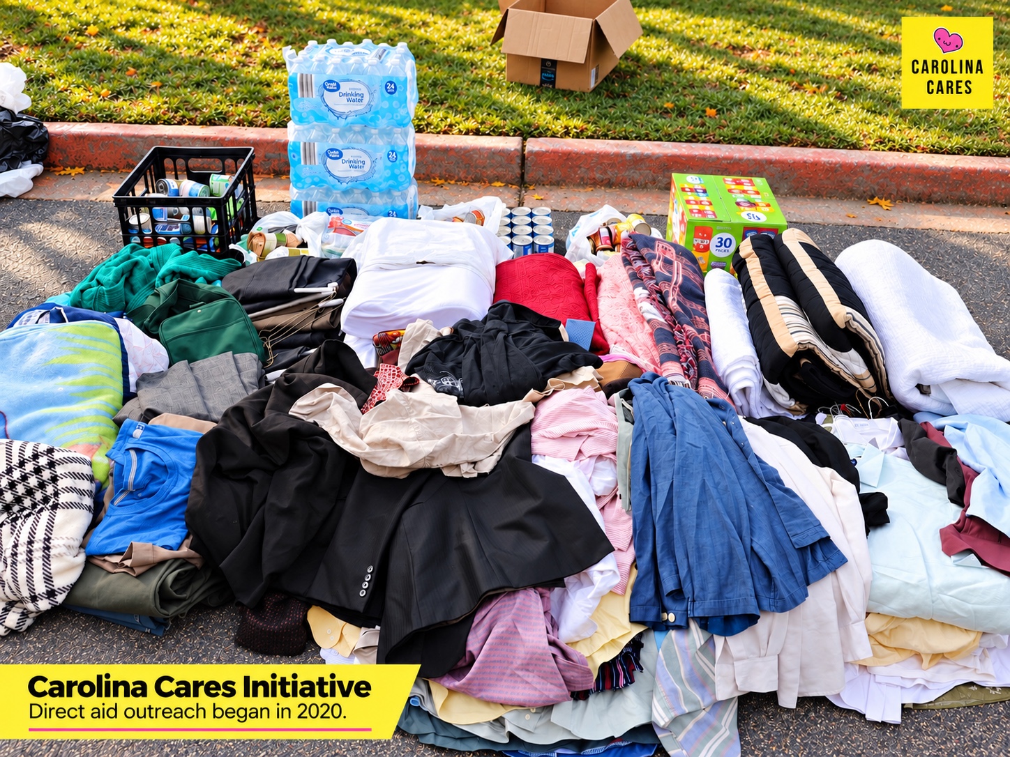 Clothing, blankets, water, and other supplies prepared for Carolina Cares outreach in 2020