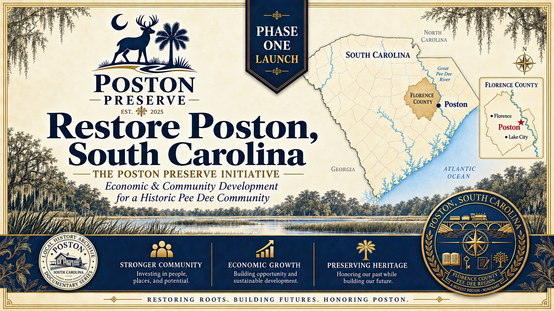 Restore Poston, South Carolina Phase One launch — community development, economic opportunity, and preservation campaign artwork