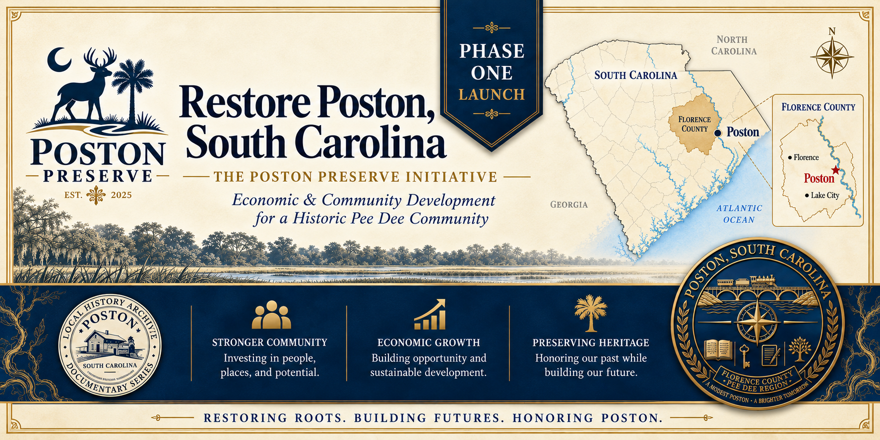 Poston Preserve illustrated campaign poster with South Carolina geography and the landscape of Poston.
