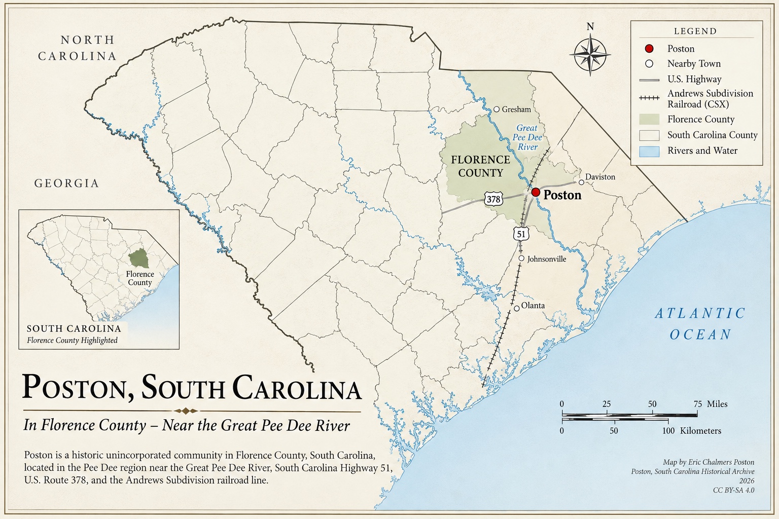 Map locating Poston in Florence County and the Pee Dee region