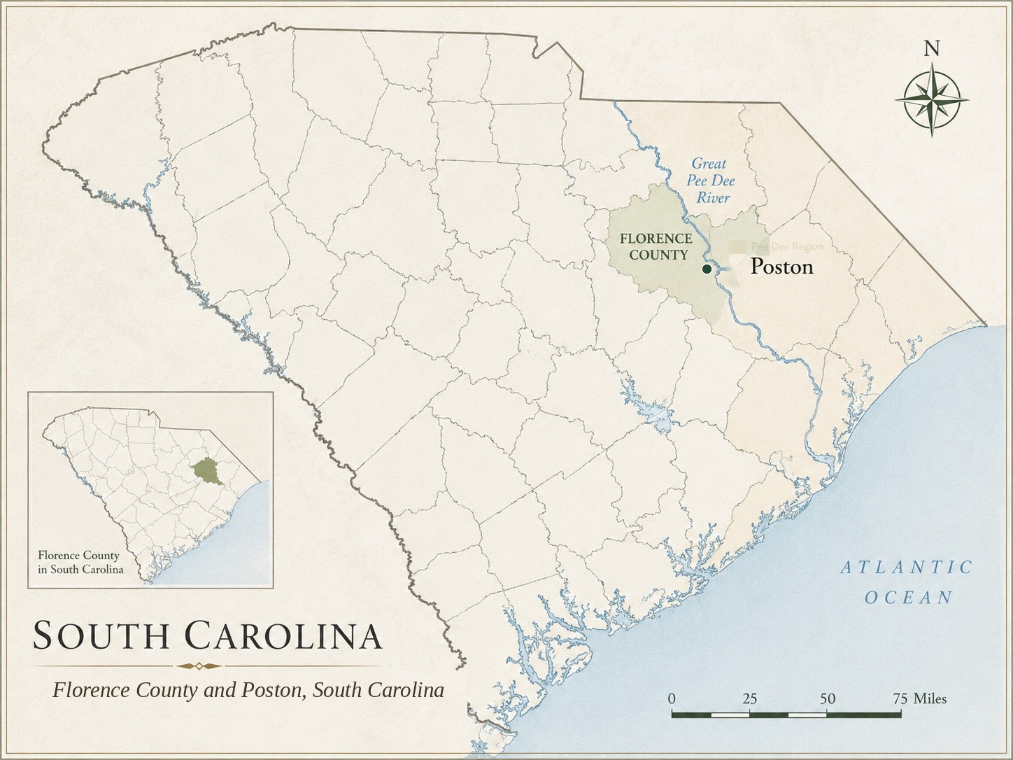 Locator map showing Poston in Florence County near the Great Pee Dee River in South Carolina.