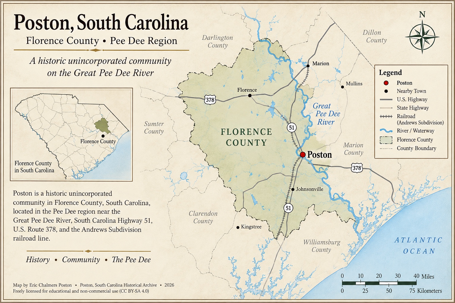 Illustrated regional map locating Poston in Florence County near the Great Pee Dee River