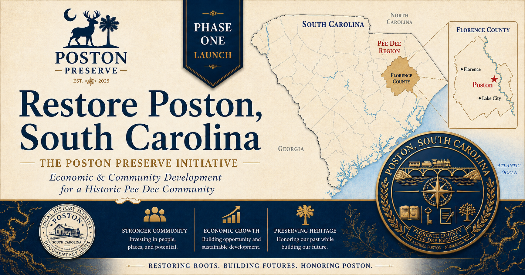 Restore Poston, South Carolina Phase One Launch campaign artwork showing South Carolina, Florence County, and Poston in the Pee Dee region