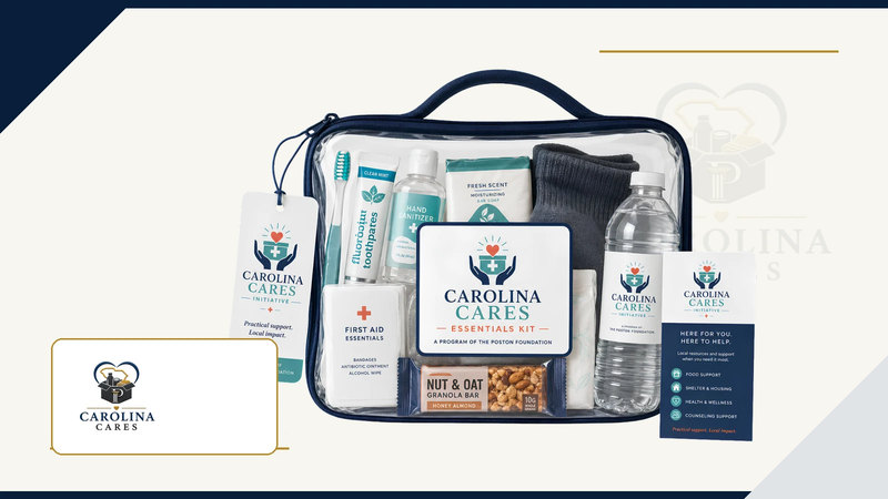 Program illustration of a Carolina Cares Essentials Kit with hygiene supplies, socks, first-aid basics, water, and resource information